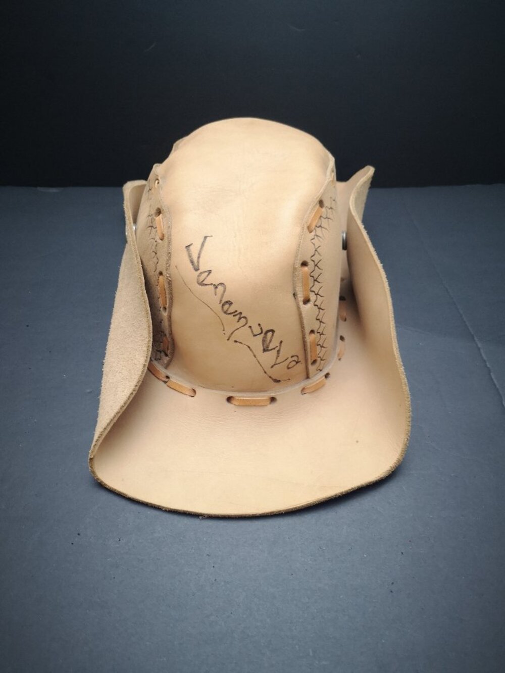 Vintage Genuine Leather Unisex Cowboy Hat w/ Hand Stitching Detail & Snap Sides